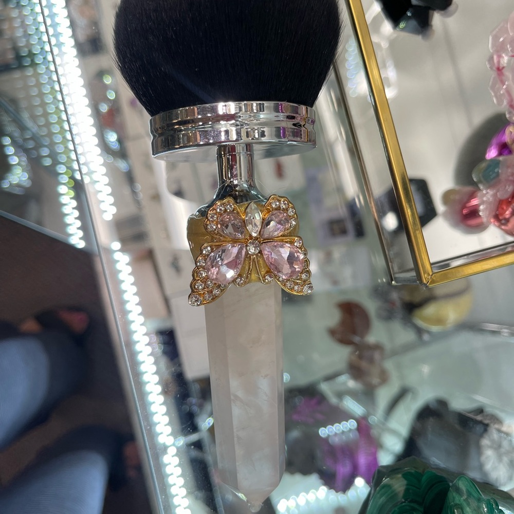 Rose Quartz Crystal Point Makeup Brush with Pink Gem Butterfly Accent